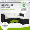 A black polyrattan lounge set with white cushions is shown on a light gray and white background, with marketing text and graphics. Náhled obrázku produktu