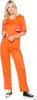 A woman is posing in a full-body shot, wearing a prisoner costume. Produktbild-Vorschau