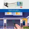 Diagram showing a remote control system for a garage door, with a real-life image of a house and garage door. Produktbild-Vorschau
