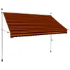 A retractable awning with orange and brown stripes, supported by metal poles. Produktbild-Vorschau