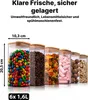 A line of clear storage jars filled with different food items, with dimensions indicated. Náhľad obrázku produktu