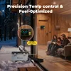 A family is relaxing in a cozy, wood-paneled living room while a diesel heater is shown operating outside in the snow. Náhled obrázku produktu