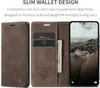 A collage of images showing a brown leather wallet-style phone case, with the case open to reveal card slots and a bill compartment, and a smartphone displaying a landscape image. Produktbild-Vorschau