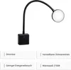 A black LED desk lamp with a flexible gooseneck and a square base with a power button, shown against a white background. Below the lamp are four white rectangular boxes with text describing its features. Produktbild-Vorschau