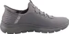 A side view of a grey Skechers slip-on sneaker. Voir les images du produit