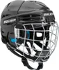 A black hockey helmet with a silver cage and blue accents. Anteprima dell’immagine prodotto