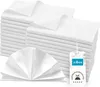 A stack of white fabric napkins with one napkin folded in a fan shape in the foreground, and a product tag attached to the stack. Produktbild-Vorschau