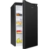 A black Bomann refrigerator with its door open, revealing shelves stocked with food items. Produktbild-Vorschau