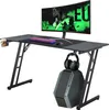 A black gaming desk with a curved monitor, keyboard, mouse, headphones, and a computer tower. Produktbild-Vorschau