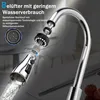 A close-up diagram of a kitchen faucet aerator, showing its components and how water flows through it, with German text describing its features. Podgląd zdjęcia produktu