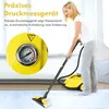 A woman is using a yellow steam cleaner on a white carpet. Produktbild-Vorschau