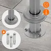 Close-up of a stainless steel post base with mounting hardware, and inset images showing details and included anchors. Anteprima dell’immagine prodotto
