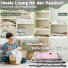 A woman is shown sitting on the floor with a basket of laundry, while a closet with organized items is displayed in the background, illustrating the 'before' and 'after' of using vacuum storage bags. Produktbild-Vorschau