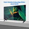 A television screen displaying a split image comparing standard and QLED picture quality, with text overlay. Produktbild-Vorschau