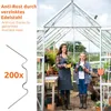 A woman and a girl are in a greenhouse, tending to plants. The image also features a graphic of a greenhouse clip and text describing its features. Produktbild-Vorschau