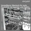 Close-up view of the interior of a dishwasher, focusing on the adjustable upper rack with wheels. Produktbild-Vorschau