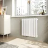 A white panel radiator is mounted on a light gray wall next to a white cabinet, with a window in the background showing buildings and trees. Anteprima dell’immagine prodotto