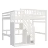 A white bunk bed with stairs and storage compartments against a white background. Produktbild-Vorschau