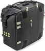 A black motorcycle saddlebag with tan straps and yellow reflectors. Produktbild-Vorschau