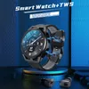 A smartwatch with attached earbuds is displayed on a pedestal, with blue lighting and abstract patterns in the background. Náhled obrázku produktu