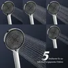 A collage of five images showing a chrome shower head with water spraying from it in different patterns. Podgląd zdjęcia produktu