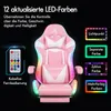 A pink gaming chair with LED lights and a remote control, showcasing different lighting modes. Produktbild-Vorschau