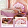 A child's bed with a princess-themed headboard and storage drawers, presented in a collage format with close-ups of the drawers and headboard. Produktbild-Vorschau