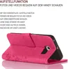 A pink flip case for a smartphone is shown in a stand-up position, with text describing its features. Produktbild-Vorschau
