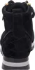 The back view of a black leather high-top sneaker with a quilted heel detail and a gold zipper accent at the top. Produktbild-Vorschau