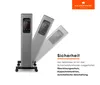 A marketing image showing a radiator in different tilted positions, with text describing its safety features. Náhled obrázku produktu