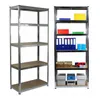 Two metal shelving units are shown against a white background. The unit on the left is empty, while the unit on the right is filled with various office supplies. Náhled obrázku produktu