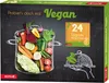 A chalkboard-style image featuring a pot overflowing with fresh vegetables, a small box with "24 Vegane Rezeptideen" (24 Vegan Recipe Ideas), and various other illustrative elements related to vegan cooking. Produktbild-Vorschau