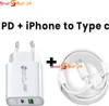 A white PD charger and a white USB-C to Lightning cable are shown on a white background, with text indicating they are for iPhone charging. Produktbild-Vorschau