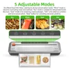 A collage of images showcasing a vacuum sealer and its different modes, along with examples of food items that can be preserved. Podgląd zdjęcia produktu