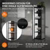 A tall, narrow black cabinet with glass doors, displaying various items on its shelves, with informational graphics and text overlays. Podgląd zdjęcia produktu