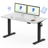 A white height-adjustable desk with dual monitors, a keyboard, mouse, coffee cup, and a notebook. Produktbild-Vorschau