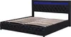 A black upholstered bed frame with a tufted headboard and blue LED lighting. Produktbild-Vorschau