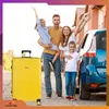 A family is posing with a yellow suitcase and a blue car, appearing excited for a trip. Anteprima dell’immagine prodotto