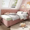 A child's bedroom with a pink upholstered bed, skylights, and stuffed animals. Produktbild-Vorschau