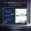 A tablet displaying a split screen of a chat application and a social media feed, presented on a dark, reflective surface with vertical lighting elements in the background. Produktbild-Vorschau