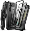 A black protective phone case with a holster and a kickstand is displayed in an exploded view, showing its layered components. Náhled obrázku produktu