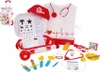 A doctor's play set laid out on a white background, including a rolling suitcase, doctor's coat, and various medical tools. Produktbild-Vorschau