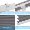 A collage of four images showing different aspects of a pleated blind (Plissee). The top left shows a clamp holder, the top right shows how to pull the blind, the bottom left shows the pleated fabric, and the bottom right shows the aluminum rail. Produktbild-Vorschau