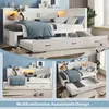 A collage of images showing a white wooden daybed with a pull-out trundle bed, decorated with LED lights and small stuffed animals. Produktbild-Vorschau