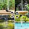 Collage of four images showing solar-powered water fountains in different settings, including a bird bath, a pond, and a swimming pool. Produktbild-Vorschau