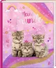 A book cover with three kittens sitting on a rainbow, with a rainbow and stars in the background. Voir les images du produit