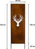 A metal garden screen with a deer head silhouette cut-out, with dimensions indicated. Produktbild-Vorschau