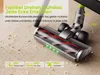 Close-up of a vacuum cleaner head on a carpeted floor, with text overlays highlighting its features. Produktbild-Vorschau