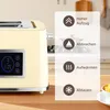 A cream-colored toaster is shown on a wooden countertop, with a digital display. To the right, a transparent overlay lists various functions with icons and German text. Produktbild-Vorschau