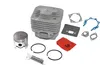 A collection of chainsaw engine parts, including a cylinder, piston, rings, wrist pin, and gaskets, laid out on a white background. Voir les images du produit